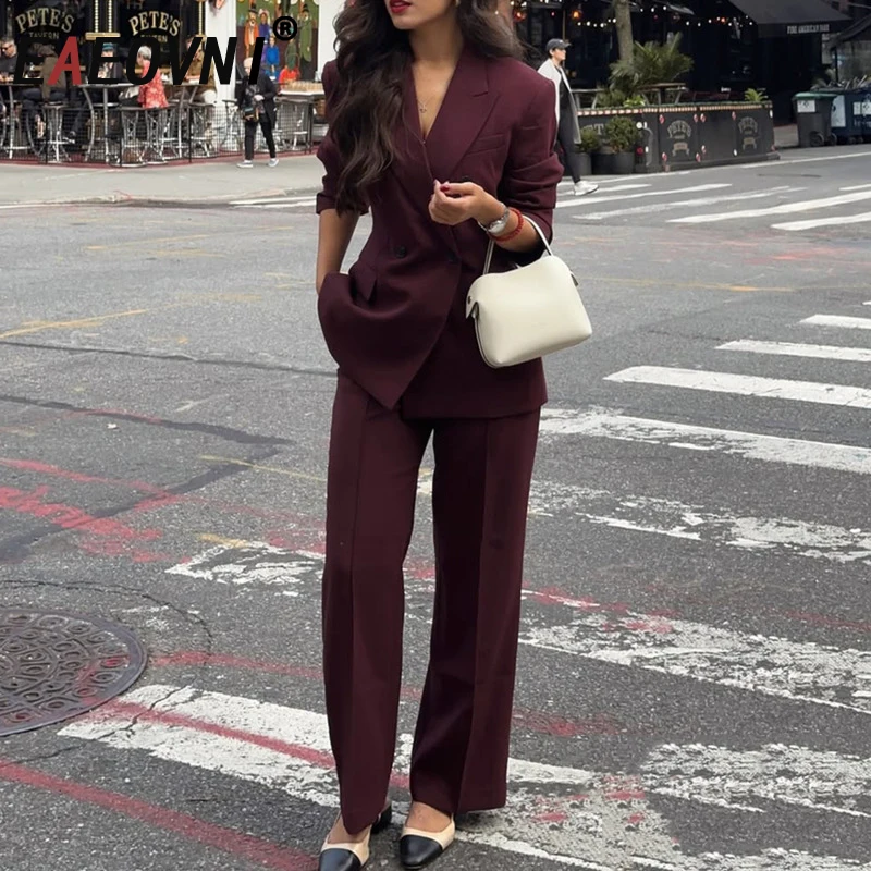 

EAEOVNI Red Fashion Women Two Piece Set 2025 Autumn New Notched Collar Button Blazer Coat + Long Pants Office Lady Clothing