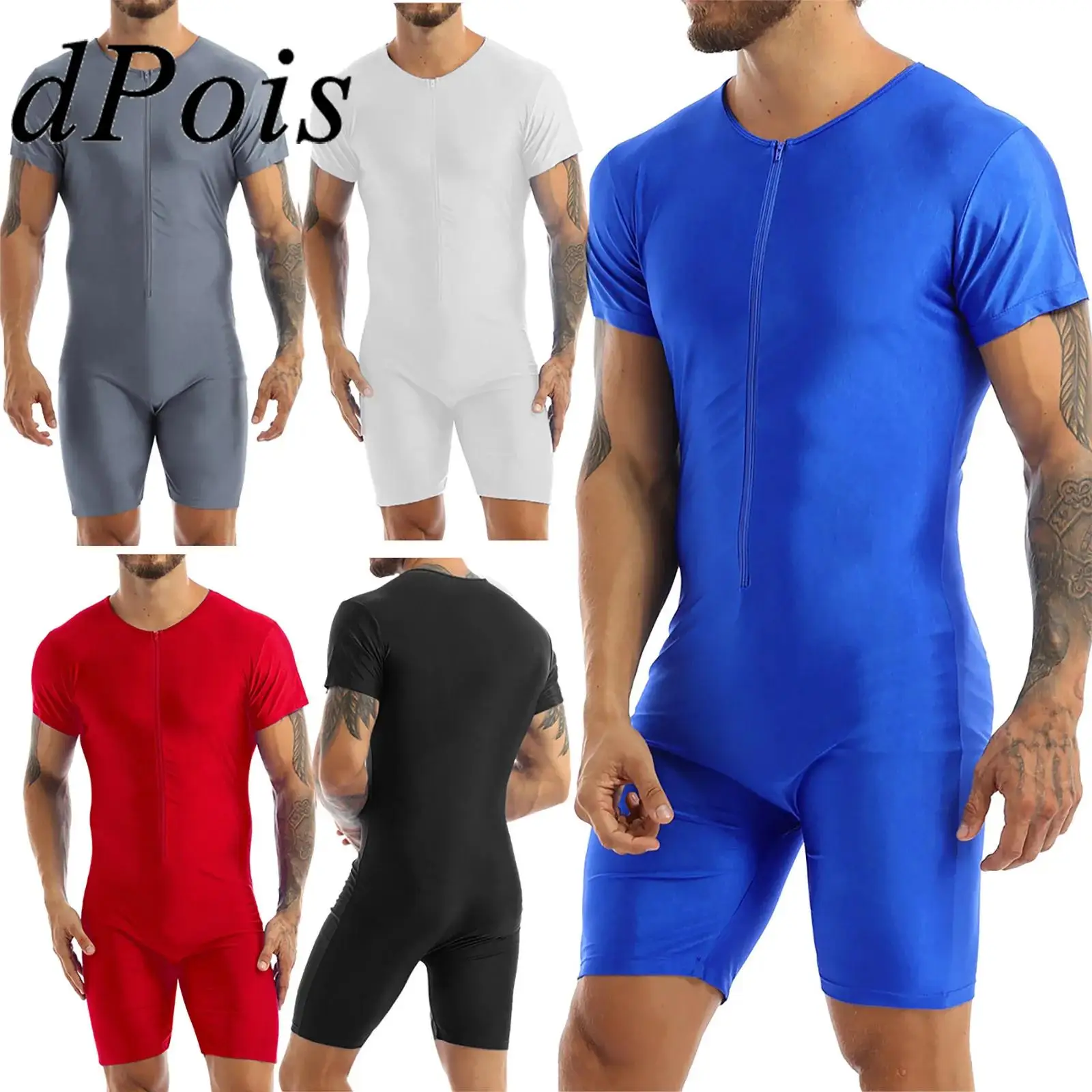 Mens One-piece Short Sleeve Front Zipper Boxer Briefs Gymnastics Jumpsuit Fitness Bodysuit Leotard Underwear for Male Swimsuit