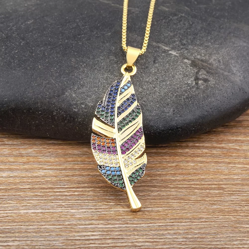 Vintage Plume Shape Necklace Women Multicolour Rhinestone Choker Chain Copper CZ Pendant Anniversary Jewelry Unisex Gift