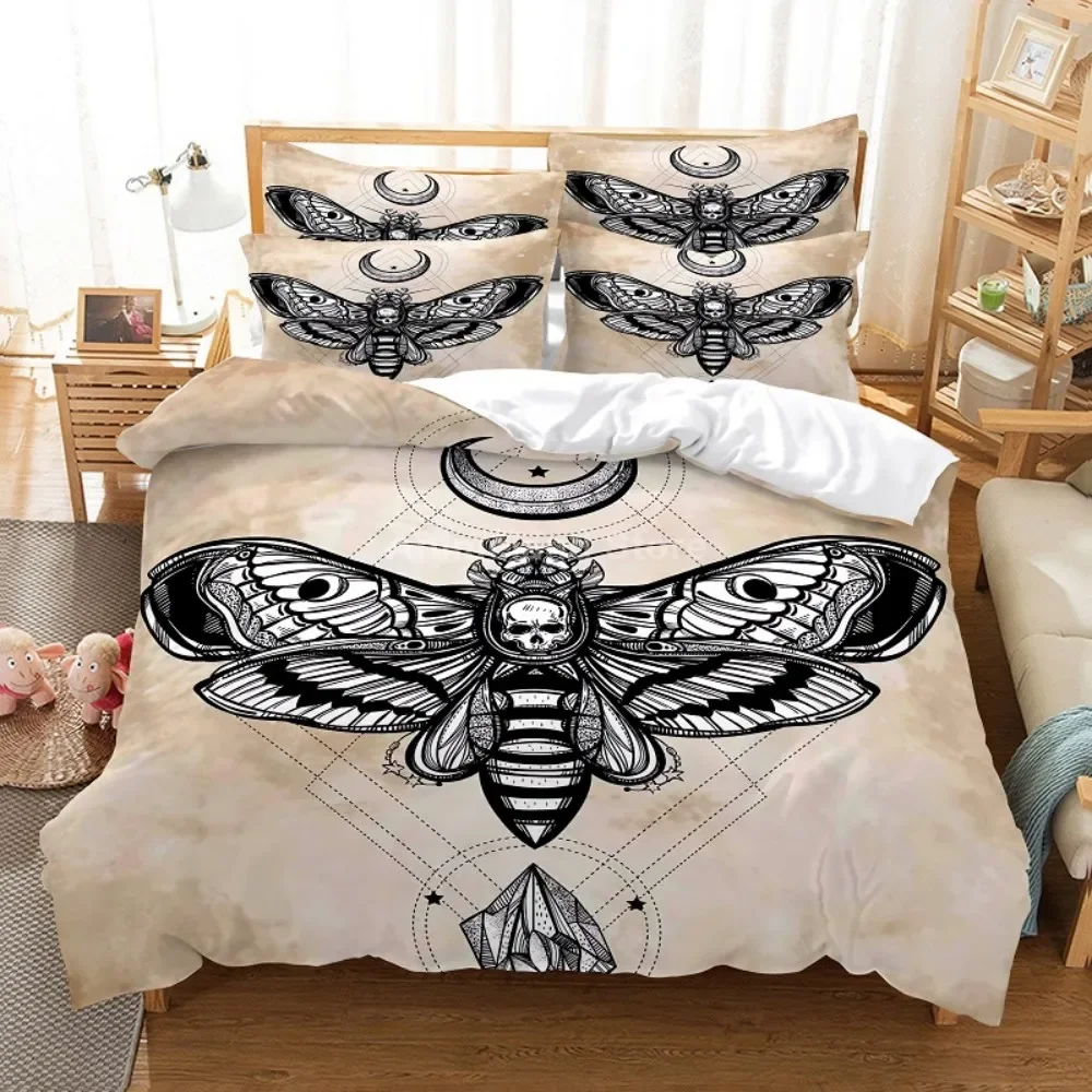 Gothic Skull Duvet Cover Set, Death Moth and Flowers Comforter Cover King Personalized Skeleton Bones Bedding Sets Black Cream