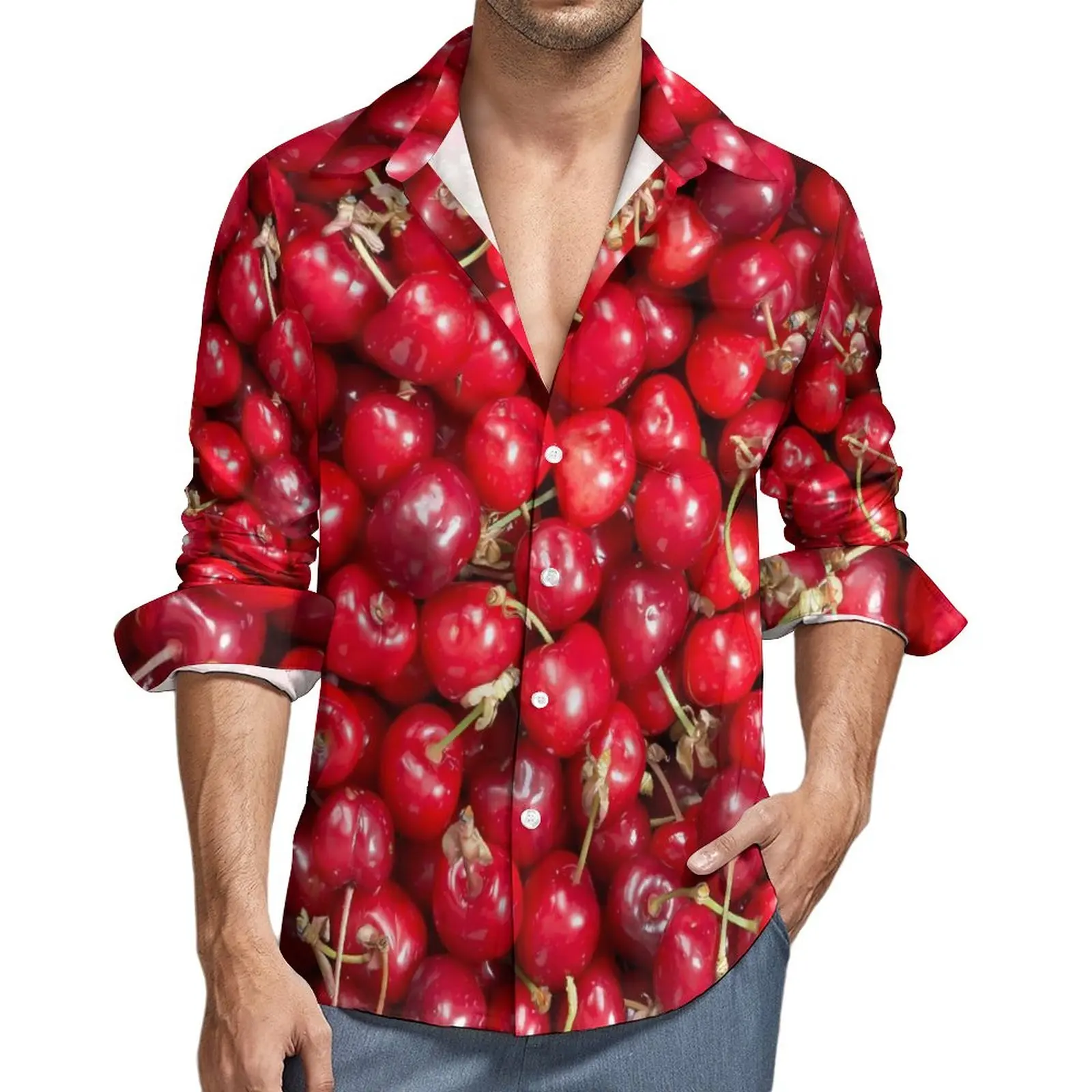 Men's Shirt Red Cherries Print Casual Shirts Long Sleeve Sweet Fruit Y2K Funny Blouses Spring Vintage Custom Oversized Clothing