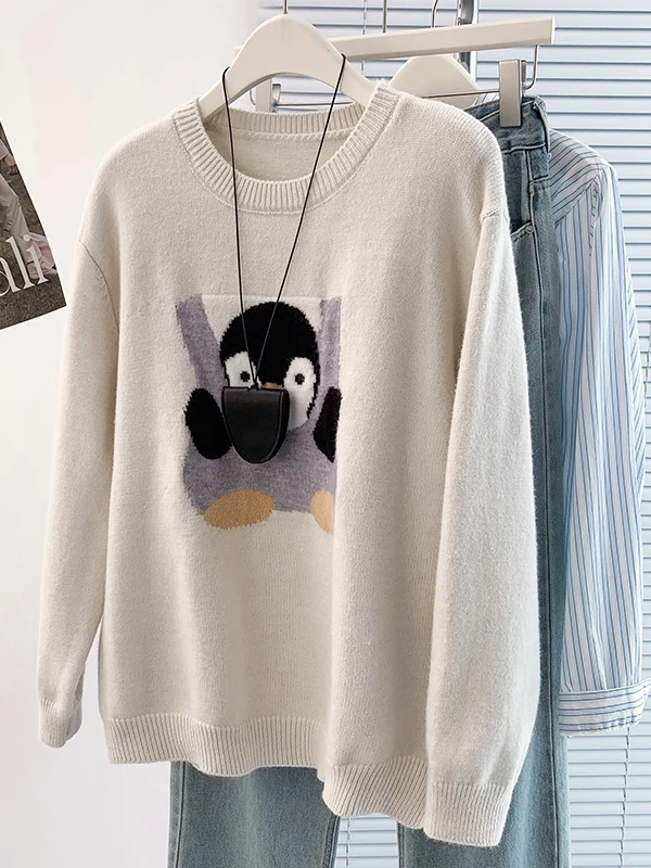 

Loose Casual Cartoon Embroidery Oversize Sweater Jaet Women's Korean Sle Fall Winter New plus Size Hooded Knitwear