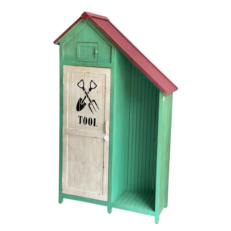 # American Style Outdoor Storage Cabinet with Waterproof Roof, Doors Garden Shed with 2 Removable Shelves, Wooden Storage Shed