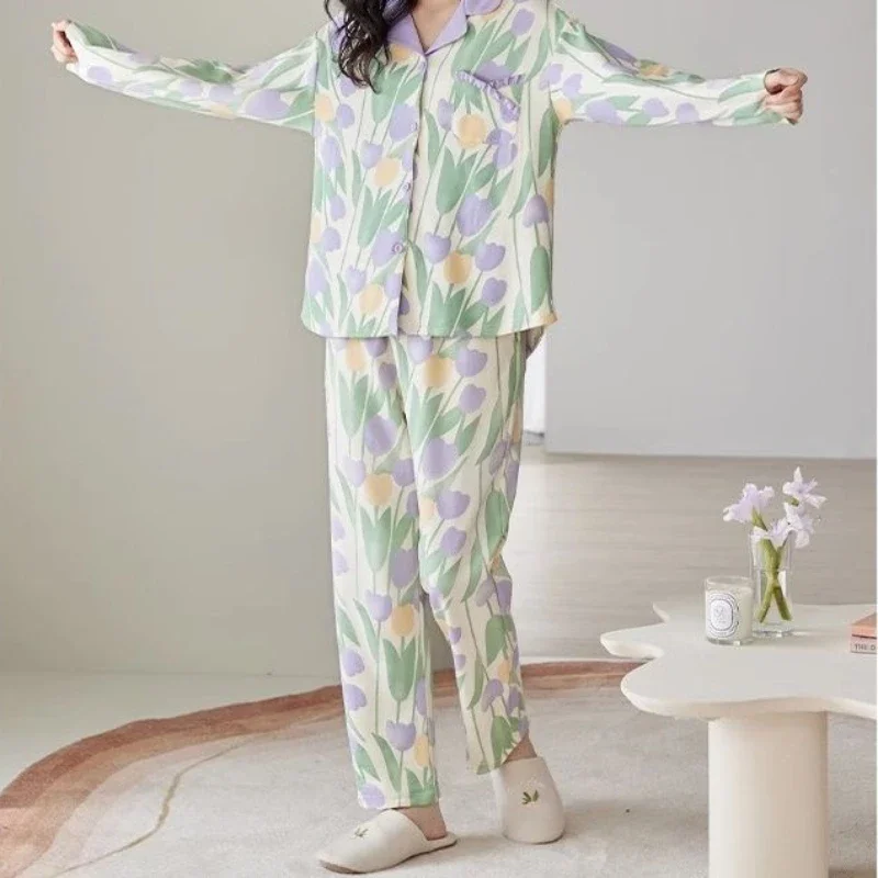 Dames Pyjama Set Lente En Herfst Elegante Tulpenprint Nachtkleding Met Lange Mouwen Nieuwe Koreaanse Mode Losse Homewear Tweedelig Pak