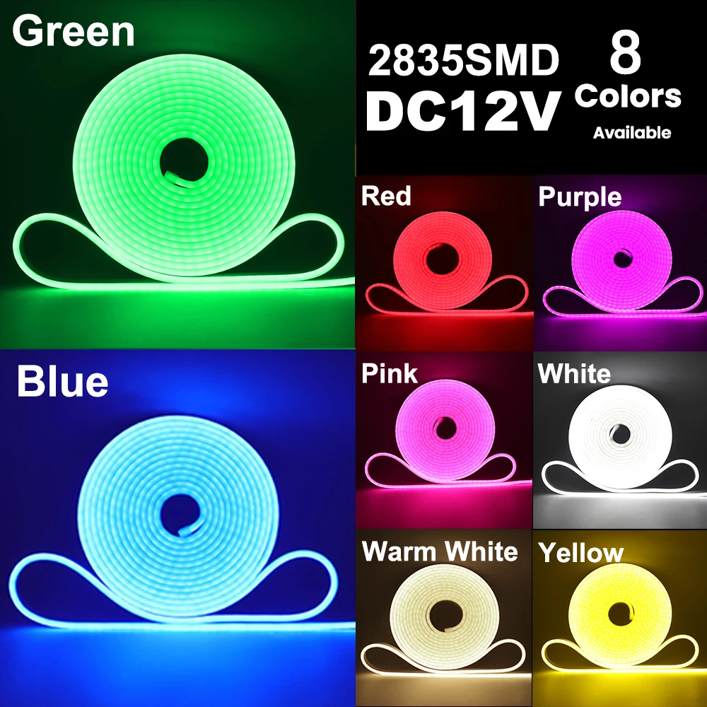 12V LED Neon Strip Light 2835 Flex Tape IP67 Waterproof Rope Silicon Tube Bar 6mm x 12mm DIY Holiday Decoration Light 1M 5M