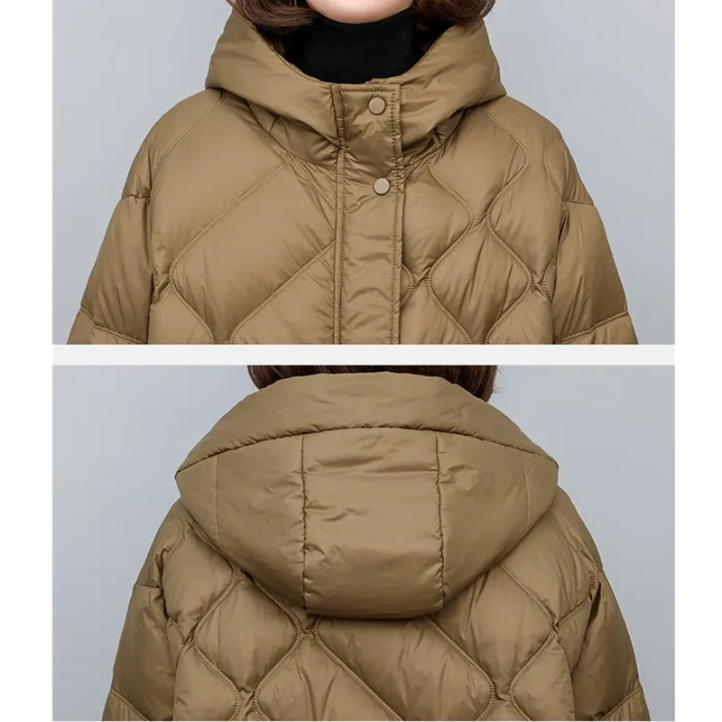 90 White duck down Hooded Jacket Women\'s 2024 Winter New Fashion Warm Down Coat Female Thicken Parker Black Casual Long Overcoat