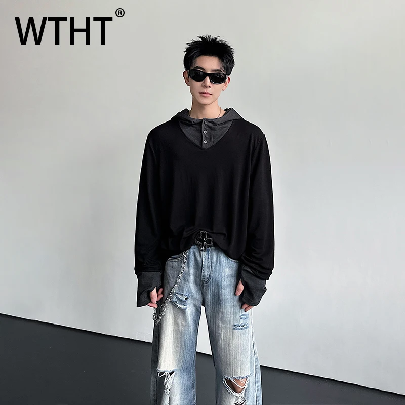 

Мужская толстовка WTHT Fashion с контрастными вставками и пуговицами, модный свободный повседневный пуловер с капюшоном, лето 2026, 2A2828