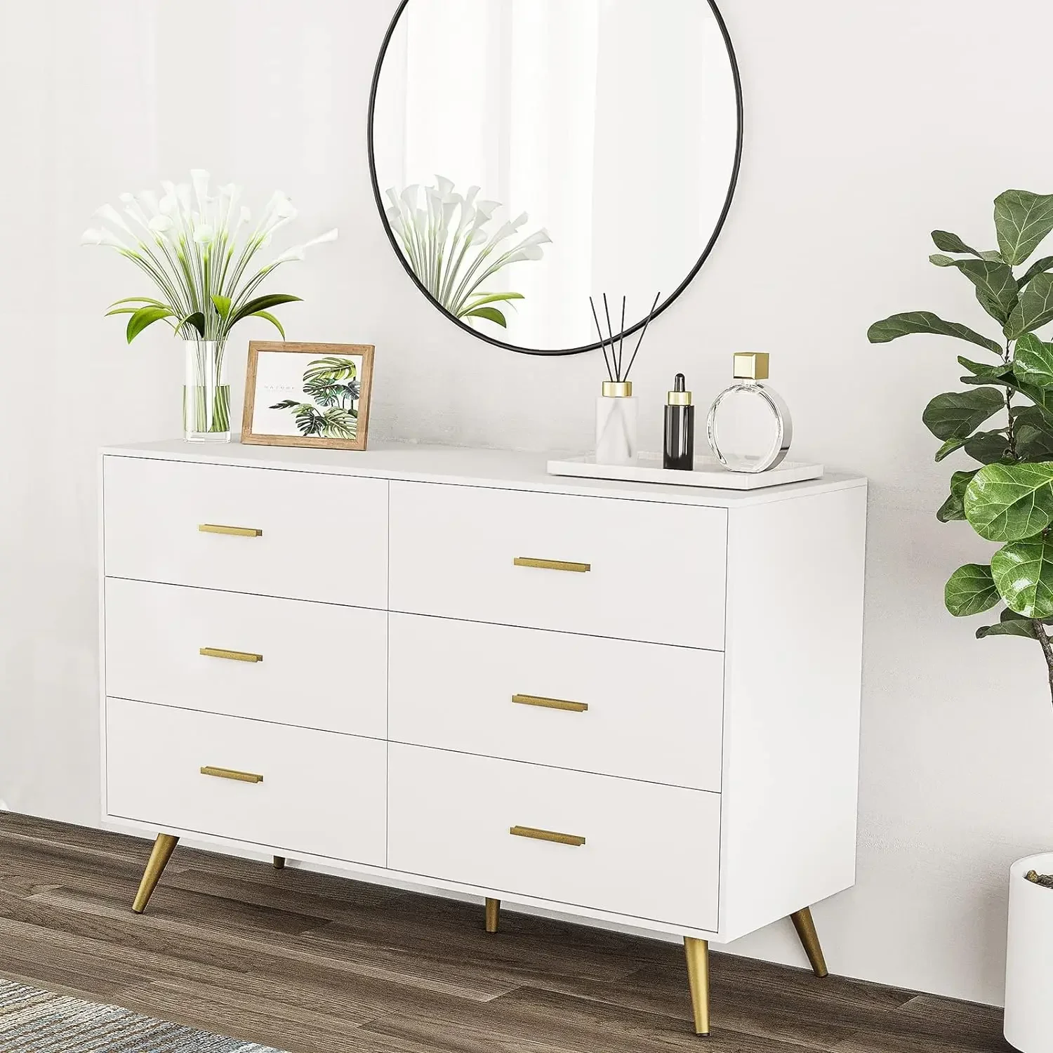 

6Drawer Dresser for Bedroom, Modern White Wood Dresser with Wide Drawers and Metal Handles Long Chest of Drawers for Living Room