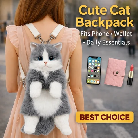 Cute Cat Backpack for Girls, Kawaii Plush Bag, Soft Animal Crossbody Bag for School, Travel & Daily Outfit