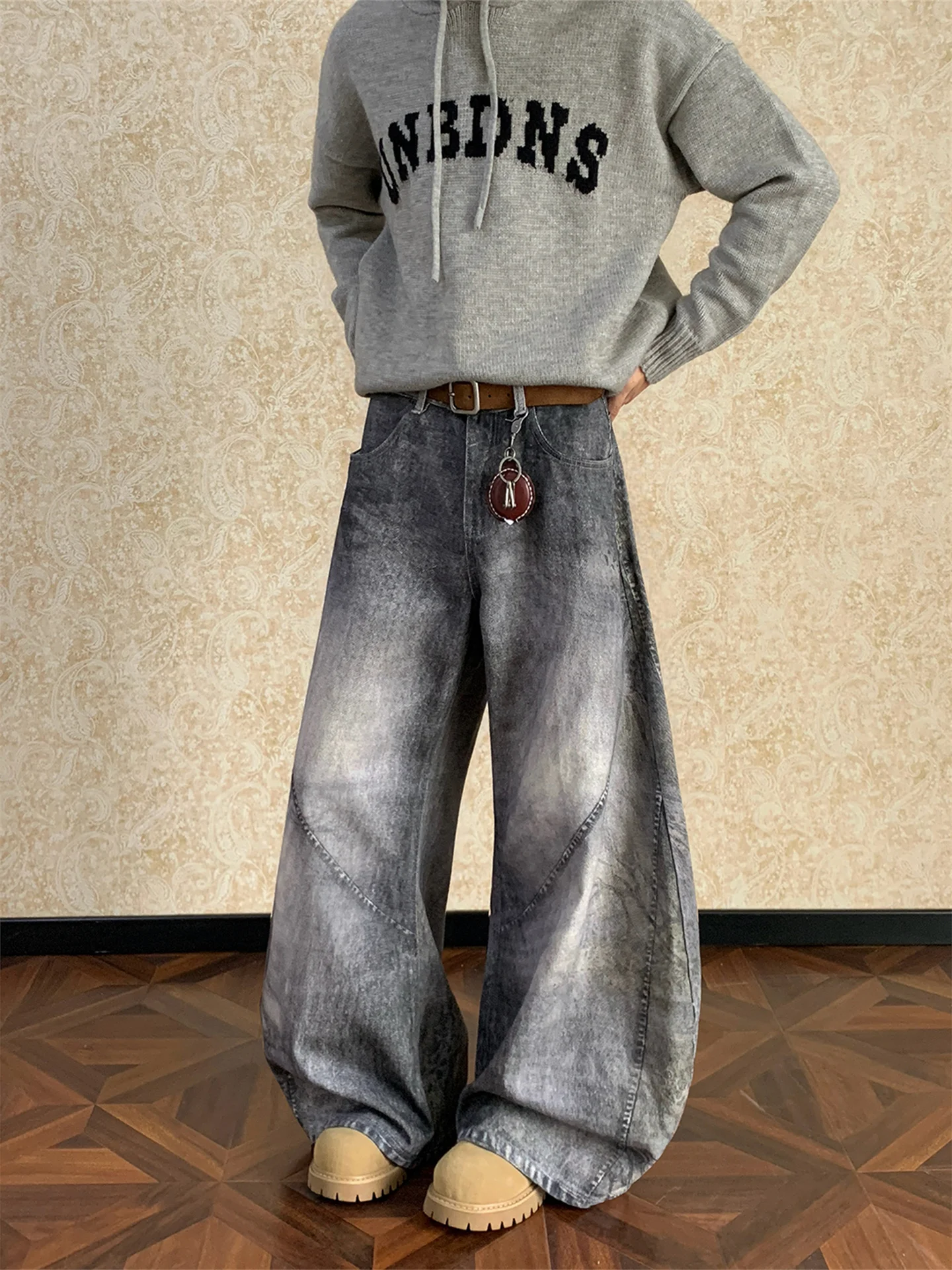 

Retro American Baggy Knife Jeans Men's Street Dirtied Washed Draped Feel Old Fashioned Handsome Wide Leg Pants
