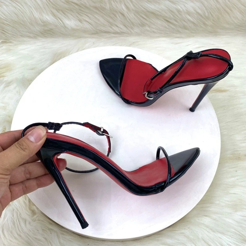 

2025 summer pointed one-word buckle with super high heels sandals black summer new women's shoes sexy
