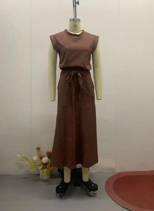 2025 verão vestido feminino moda primavera estilo elegante novo feminino simples sem mangas fino ajuste cor sólida conjunto de saia confortável