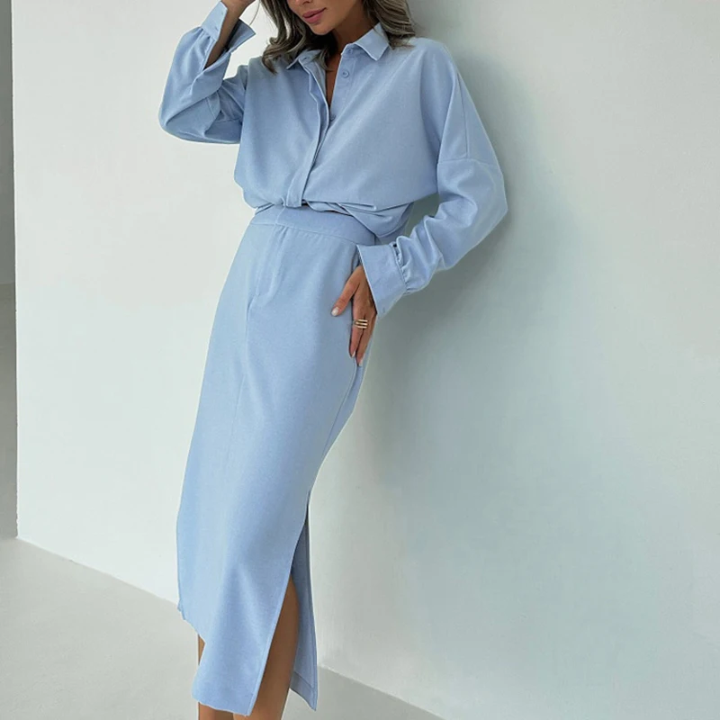 

Cotton Blouse Skirt Outfit Spring Women Lapel Long Sleeved Slim Shirt+High Waist Split Knee Length Skirt Autumn Two Piece Set