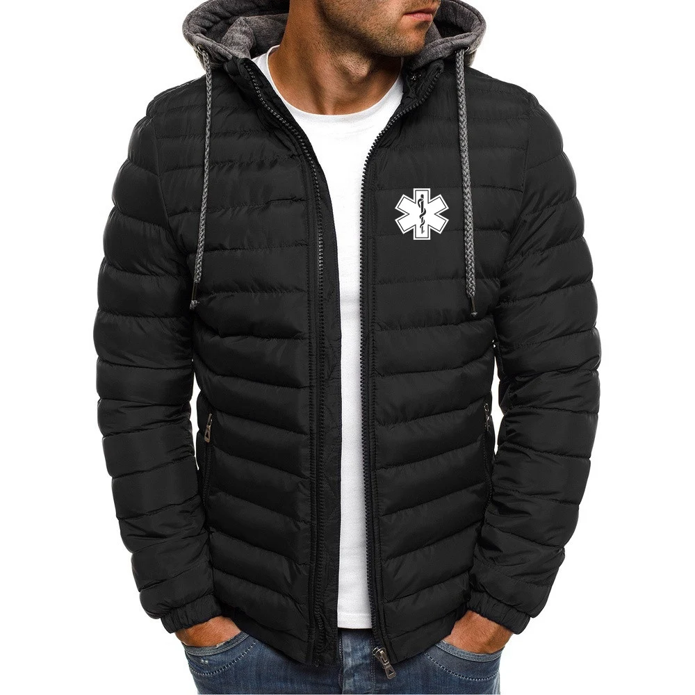 EMT Paramedic Emergency Medical 2023 Men's New Winter Cotton Jacket Solid Color Zipper Hooded Sweatshirts Warm Coat Pullover Top