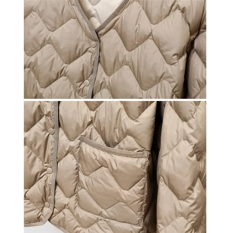 Autunno inverno scollo a V leggero piumino d'anatra bianco Parka donna diamante reticolo cappotto Oversize femminile corto capispalla Casual