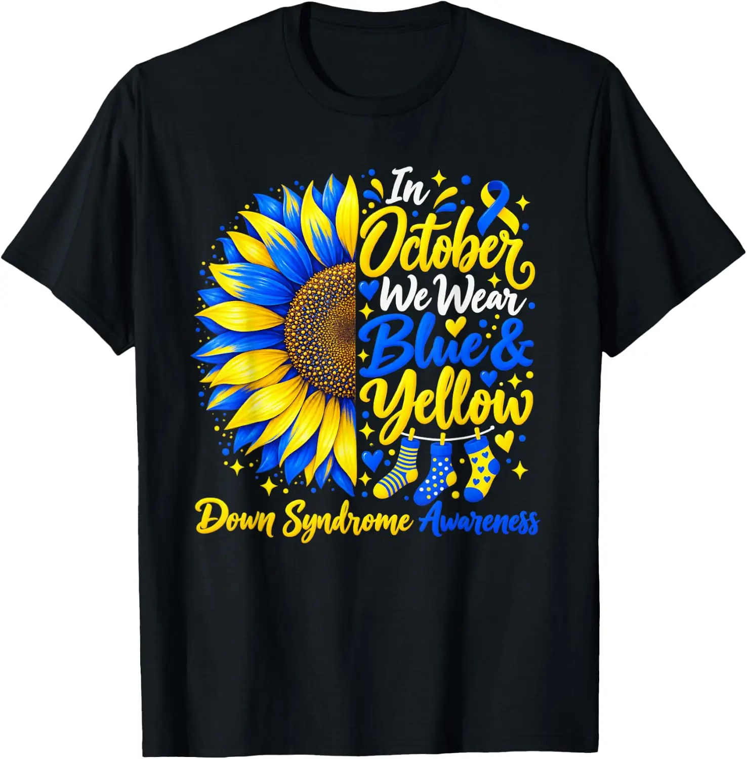 In October We Wear Blue & Yellow Down Syndrome Awareness T-Shirt Breathable, heavyweight pure cotton short-sleeve top—stylish, plus-size, and suitable for year-round wear with a sporty, casual vibe