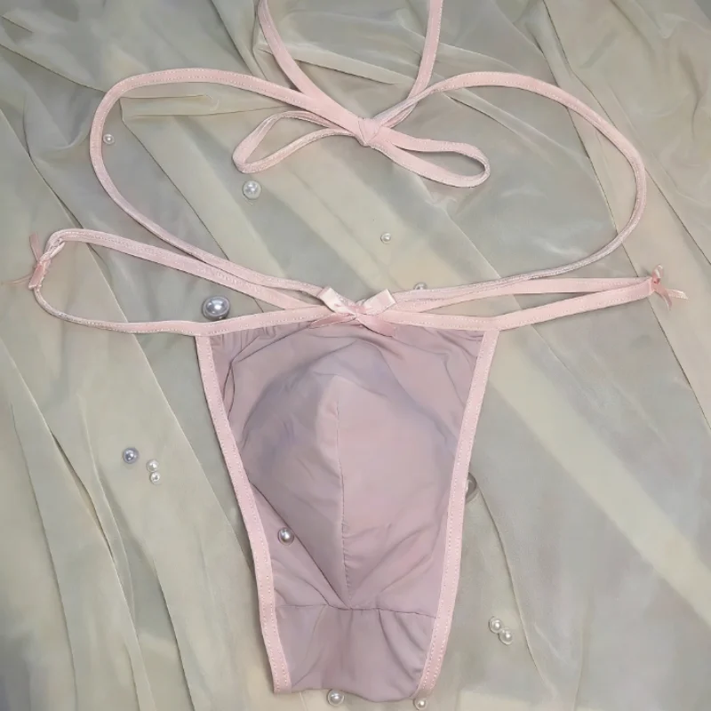 Sexy Men's Thong Ice Silk Low Waist Lace up Bow G-string Sissy Bikini Briefs T-Back Private Party Erotic Lingerie LGBT G-string