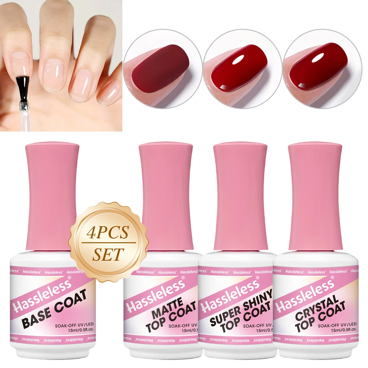 

Набор из 4 предметов: базовое покрытие Hassleless, матовое верхнее покрытие, суперглянцевое верхнее покрытие, верхнее покрытие с кристаллическим эффектом, 15 мл каждый, матовое/суперглянцевое верхнее покрытие, гель-лак для ногтей, лак с кристальным блеско