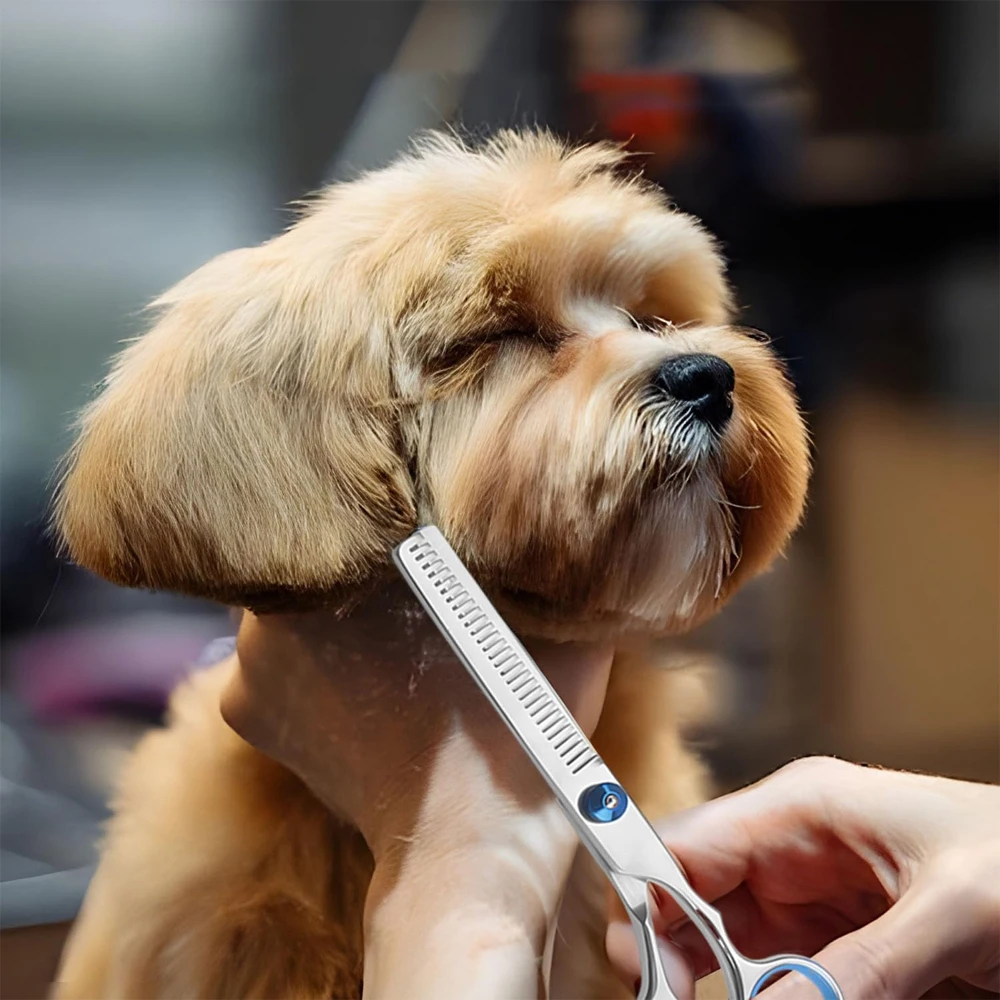 Ensemble de 4 types de ciseaux de toilettage pour animaux de compagnie – Acier à haute teneur en carbone avec revêtement en titane – Ciseaux combinés droits et courbés à dents fines – Ergonomiques et légers – Pour la coupe et le coiffage des poils de chiens et de chats – Utilisation professionnelle à domicile