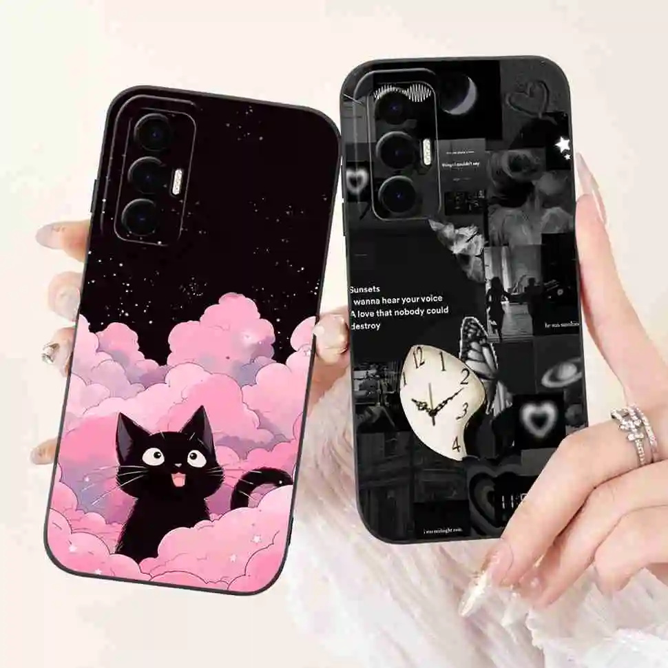 For Tecno Pova 3 6.9" Case Fashion Design Soft Silicone Cover For Tecno Pova3 LF7n Cute Cartoon Cat Clock Shockproof Phone Cases