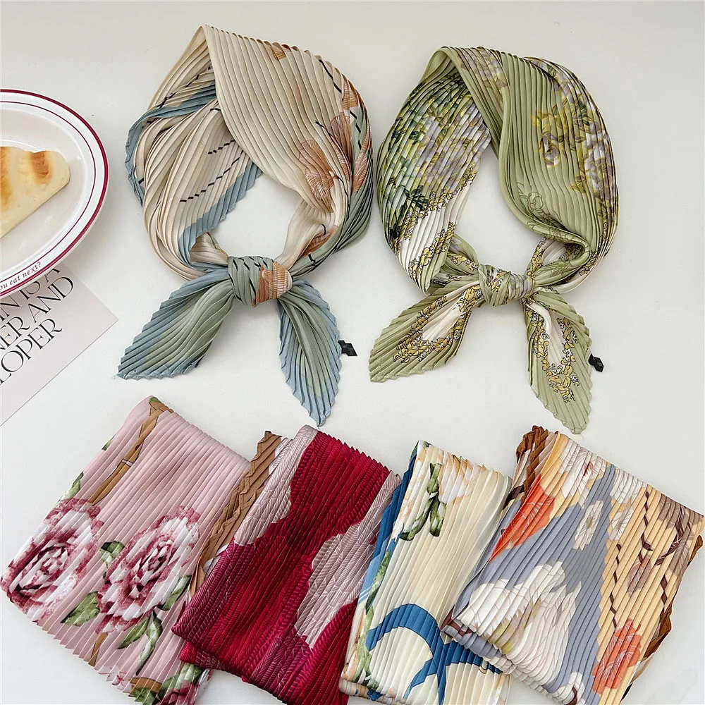 70cm Small Shawl Wraps Fashion Vintage Pleated Silk Neck Scarf Crinkle Square Silky Neck Scarves Peony Flower Print Hair Scarf