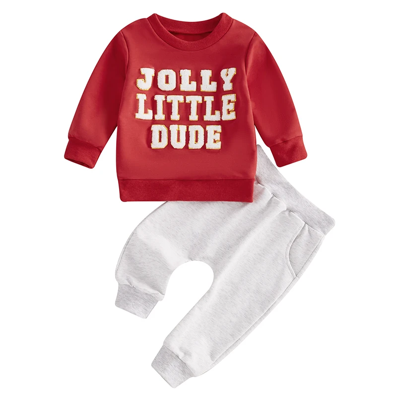 

Baby Boy Christmas Outfit Letter Embroidery Pullover Sweatshirt Elastic Waist Pants 2 Piece Set for Winter Fall