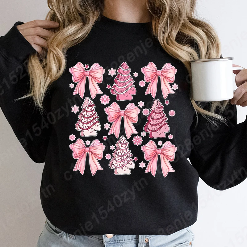 Christmas Pink Bow Gingerbread Print Sweatshirts Autumn Winter Long Sleeve Round Neck Casual Pullovers Women Hoodless Sweatshirt