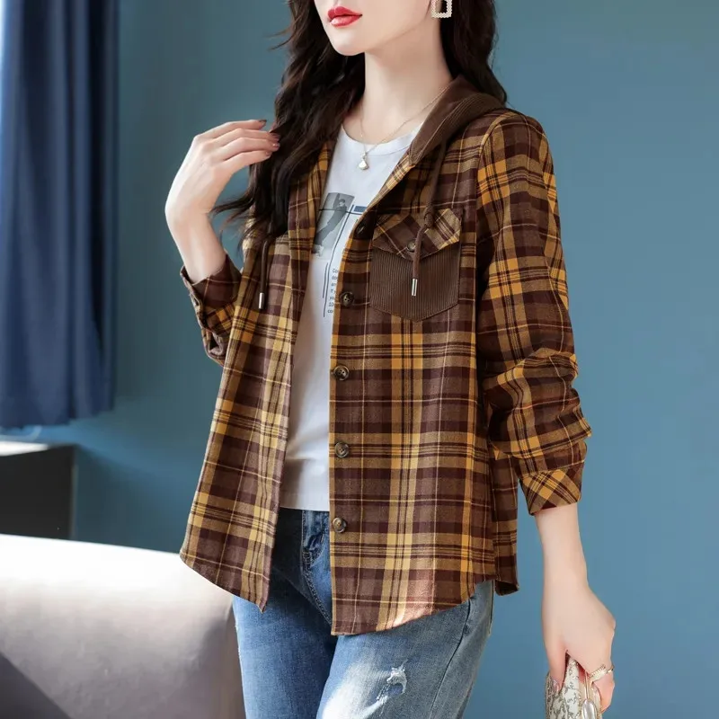 

Hooded Plaid Shirt Blouse Women's Spring Autumn Korean Version Sanding Casual Coat Top 2024 New Fashion Shirt Jacket Female