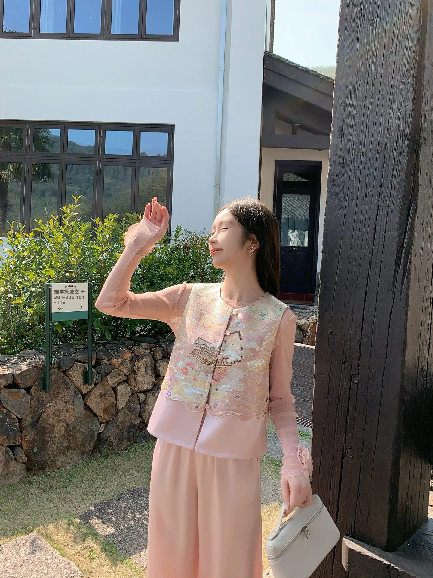 Nuevo Chaleco Bordado Estilo Chino para Mujer, Cuello Redondo, Sin Mangas, Diseño Floral Rosa, Moda para el Trabajo, Uso Individual, Poliéster