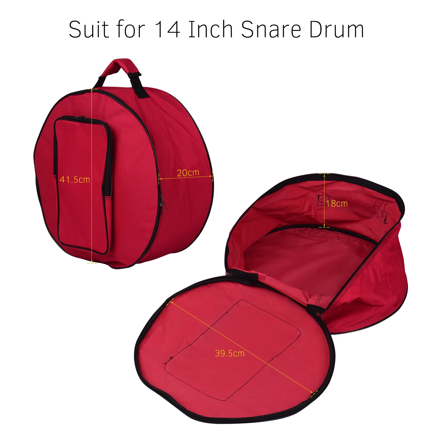 Compact Snare Drum Bag Backpack Case with Shoulder Strap Outside Pockets Musical Instrument Accessory Red