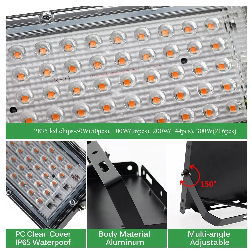 50W 100W 200W 300W Phytolamp per piante Spettro completo Led Coltiva la luce Lampada UV Pianta da interno Coltiva Accessori Phyto 220V Faretto