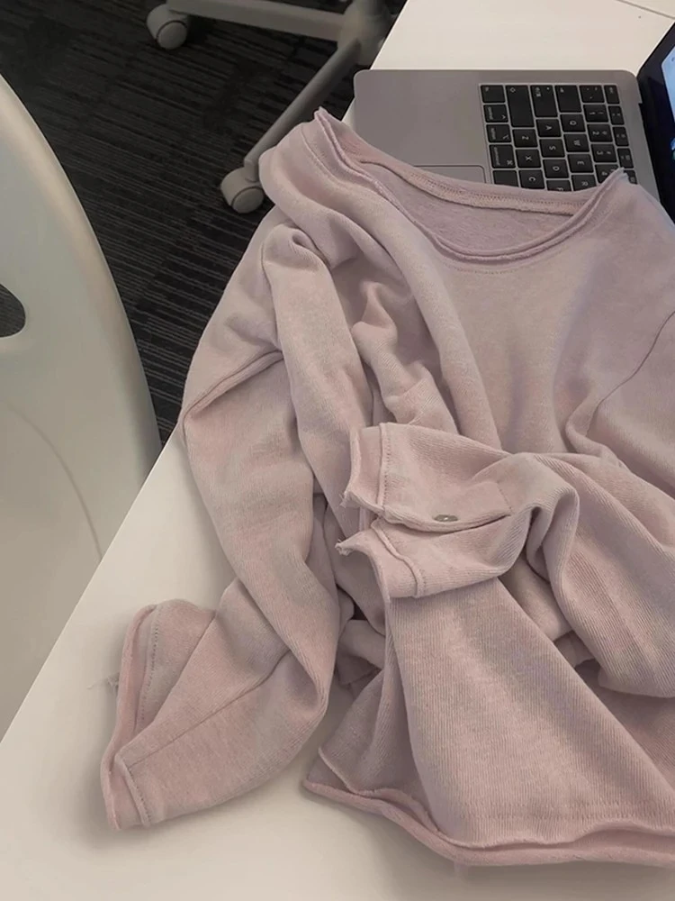 Pink Long Sleeve T-Shirt Women's Casual Style Cotton High Waist round Neck Button Detail Base Layer Top for Autumn Season