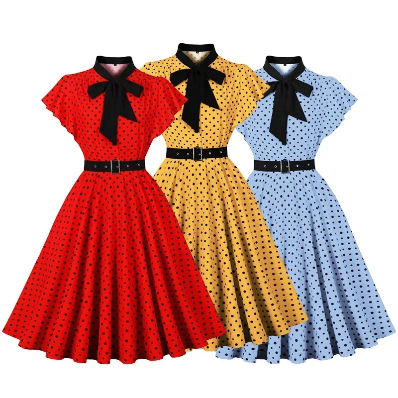 Women Vintage Polka Dots Dress Retro Elegant V-Neck Office Cocktail Tea Party 1950s 40s Swing Dress Summer Dress with Belt