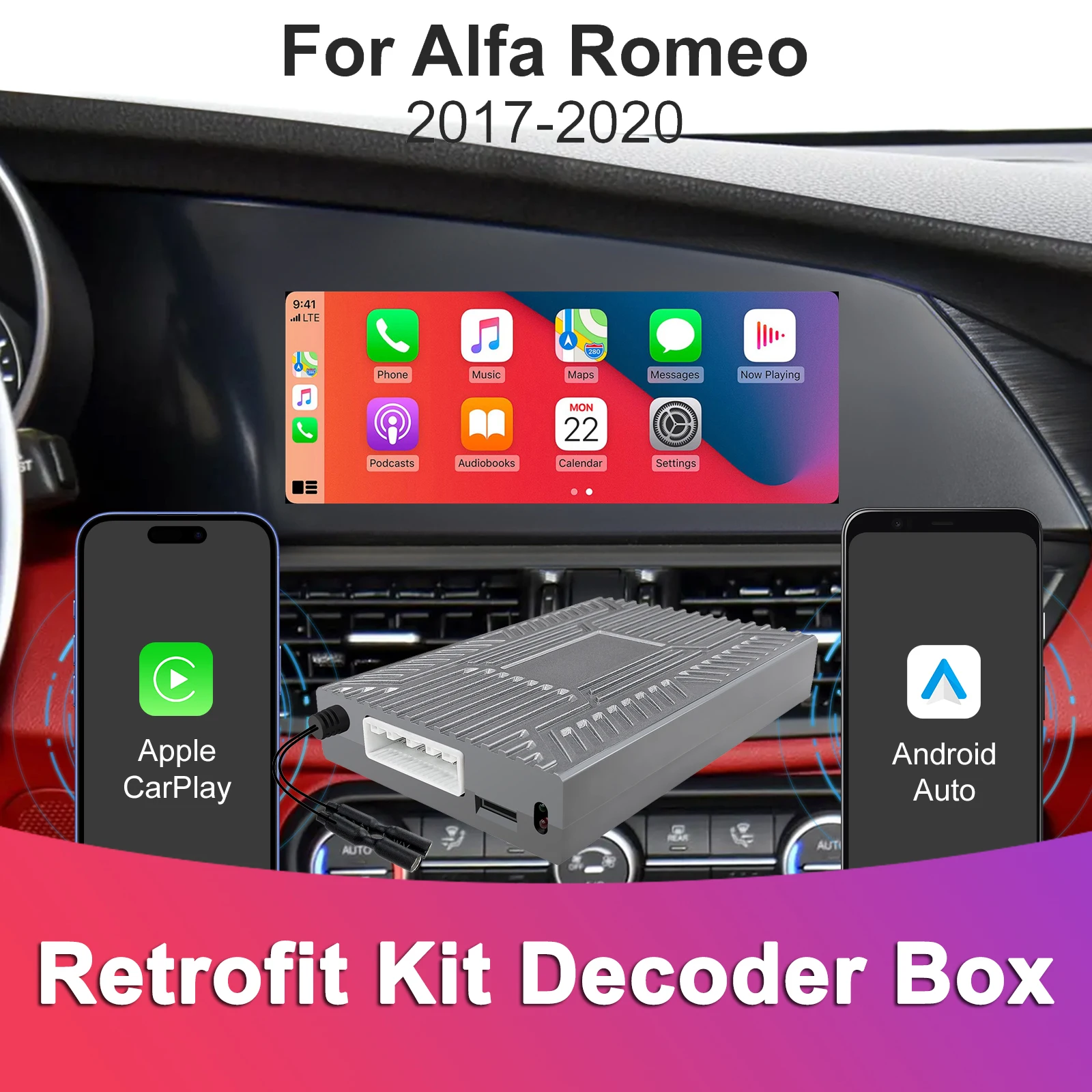 Wireless CarPlay Android Auto Retrofit Kit for Alfa Romeo Giulia Stelvio Retain OEM Uconnect Screen & Control 360 Camera Support
