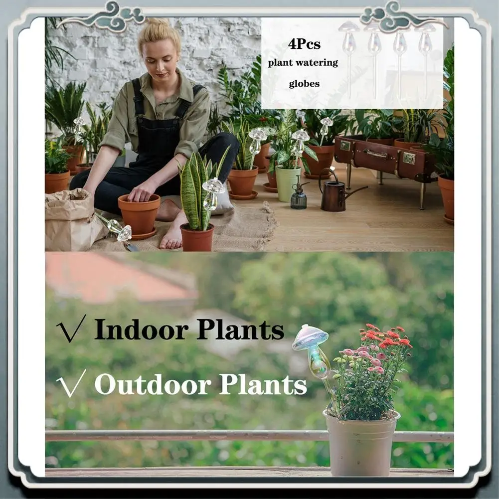 AC76-4-Pack Self-Watering Balls,Glass Watering Cans, Mushroom Design, Hand-Blown Glass,Suitable For Indoor & Outdoor Plants