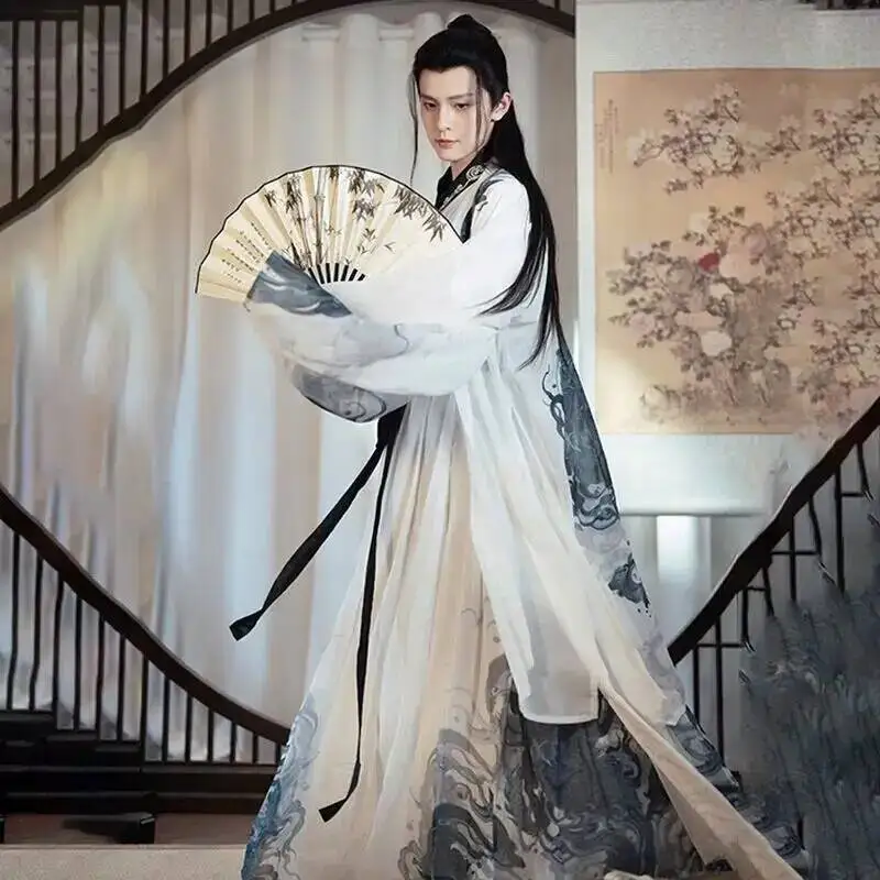 男性中国漢服-3-個セット伝統的な水墨画プリント魏晋王朝男性ハロウィンコスプレ衣装