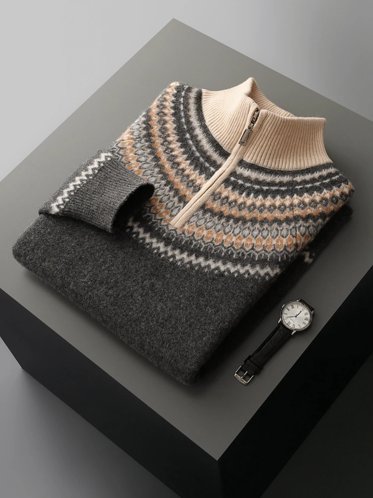 American Retro Autumn Winter Sweater Men's Clothing 100% Merino Wool Pullover Sweater Half Zip Trend Thicked Knitted Inside Join