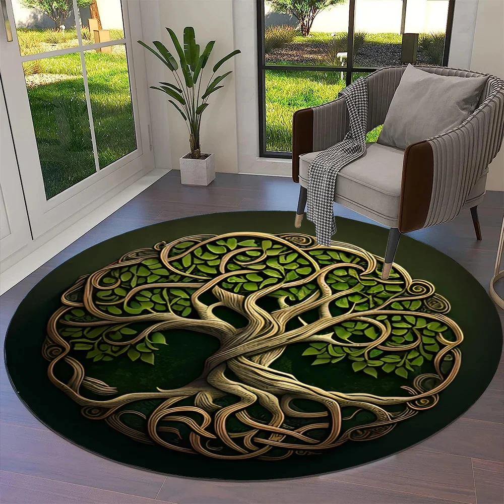 Tree of Life Viking Yggdrasil Valknut Round Carpet Rug for Living Room Bedroom Sofa Decor Kid Paly Area Rug Non-slip Floor Mat