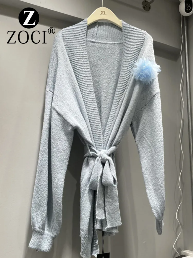 [ZOCI] French Loose Style Knitted Cardigan Women's Autumn Winter New Waist Cinched Mid Length Sweater