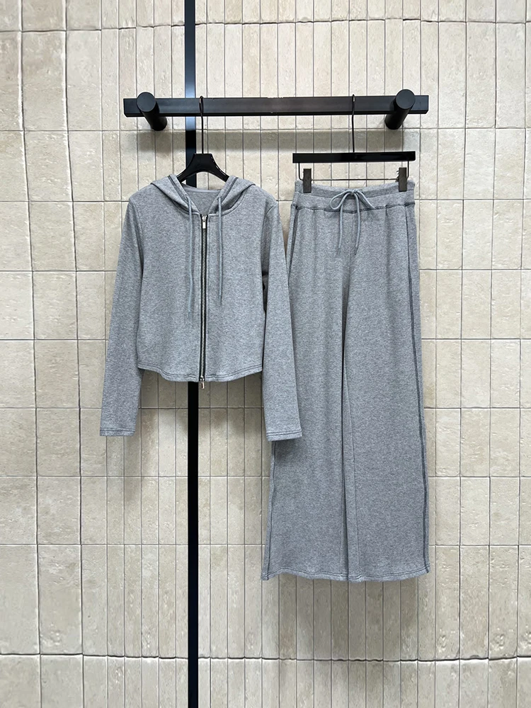 Spring Summer Fashion Daily Simplicity Casual Trousers Suit Women's Hooded Short Style Coat+ Drawstring Waist Wide Leg Pants