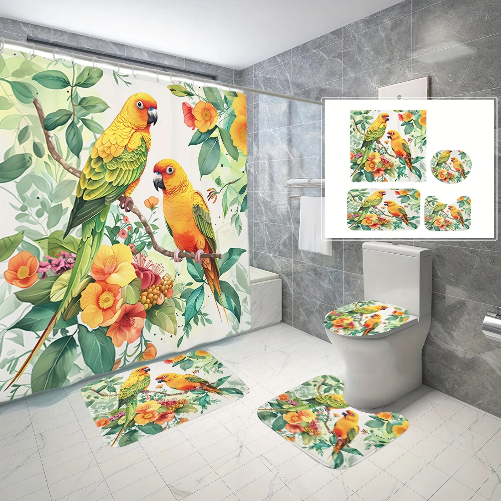 

4-piece parrot illustration style and flower pattern shower curtain, bath non-slip floor mat, toilet seat and U-shaped mat