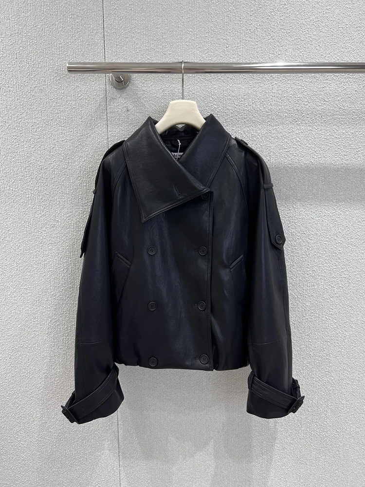 

SVORYXIU 2025 г., осень-зима, новый стиль, повседневная, повседневная, винтажная, современная, с большими лацканами, женская мода, черная, 100% кожа