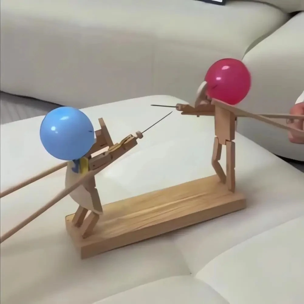 2024 New Handmade Wooden Fencing Puppets, Wooden Bots Battle Game for 2 Players，Fast-Paced Balloon Fight, Whack a Balloon Party