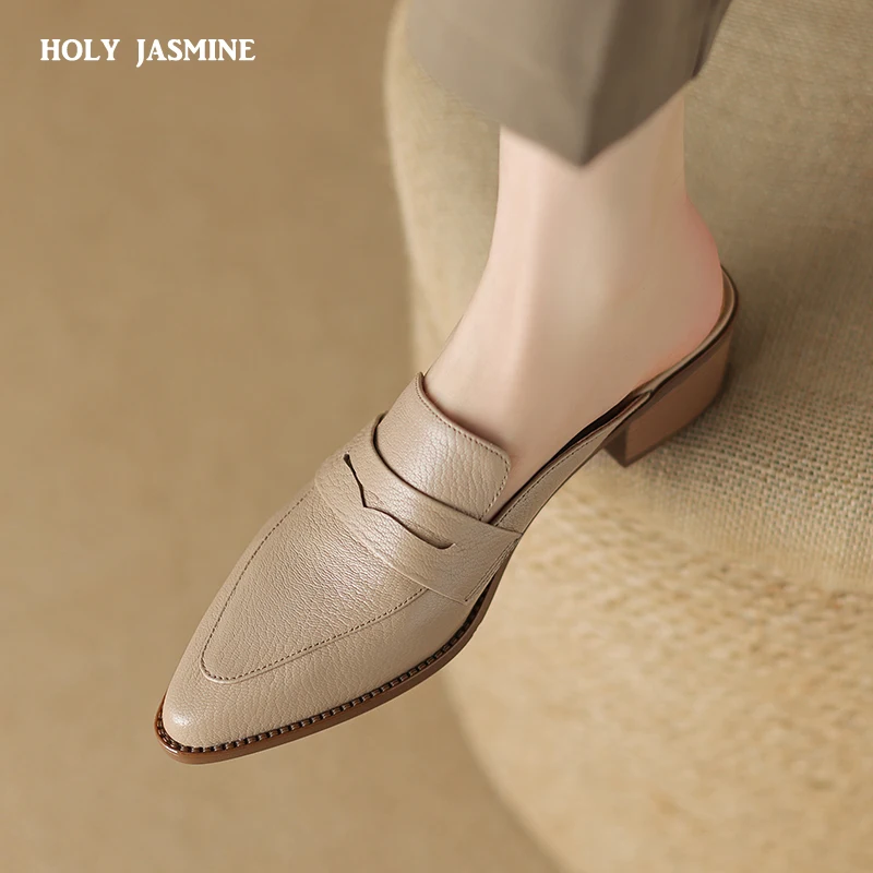 Summer Women Sandals Genuine Leather Shoes for Women Pointed Toe Concise Modern Sandals Chunky Heel Women Mules Solid Slippers