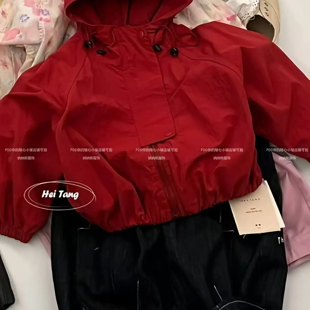 

Boys 2026 Spring New Cargo Trench Coat Korean Fashion Casual Daily Solid Color Hooded Zipper Coat Red Windbreak Jacket