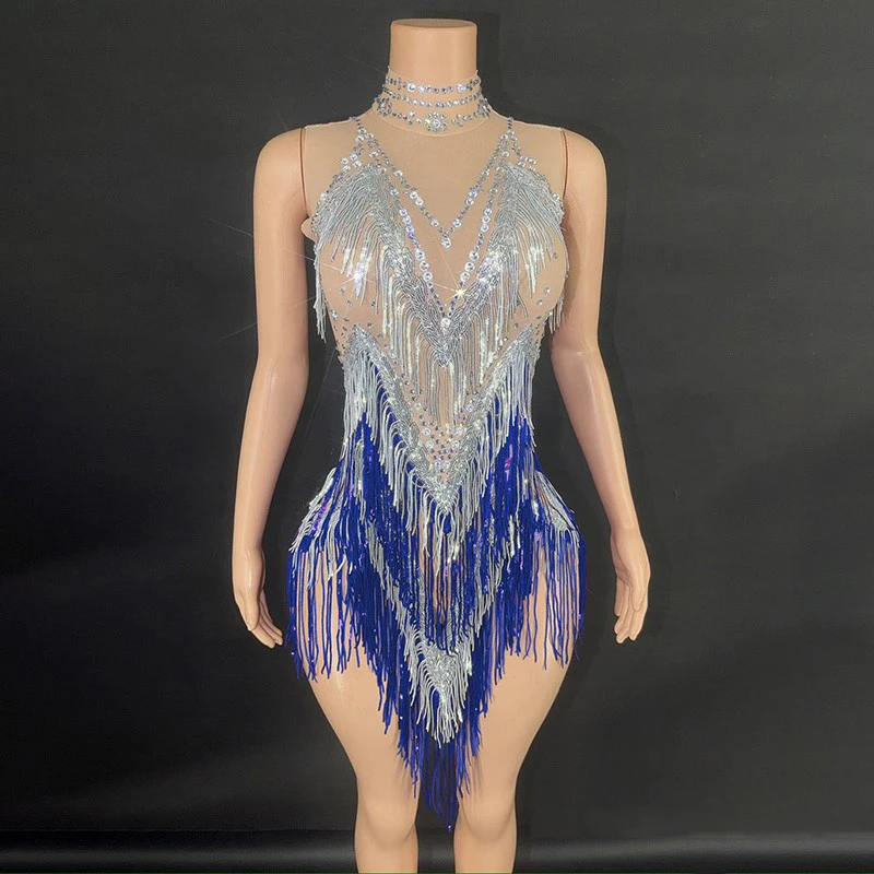 ชุดเต้นลาตินแบบมีพู่ไล่สีไอริส สำหรับการแข่งขัน การแสดงความสามารถ และงานพรอม