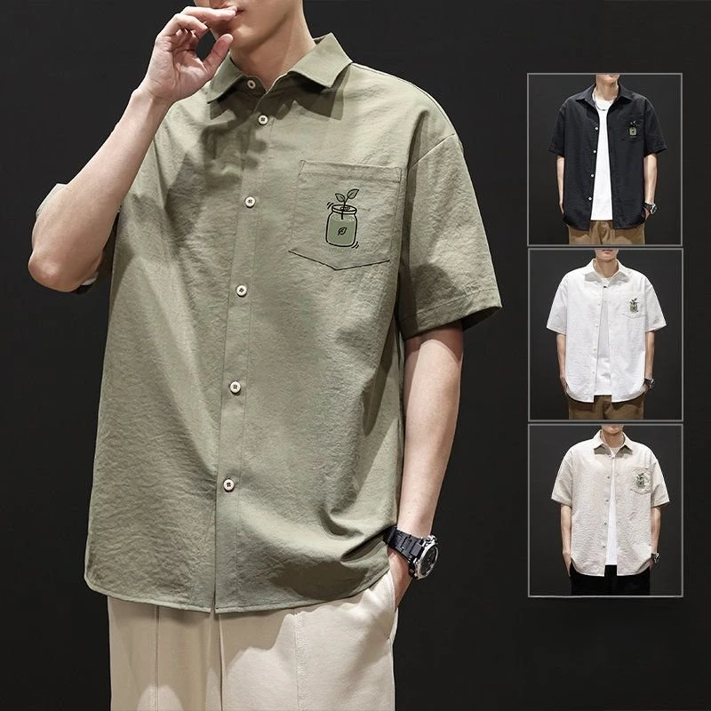 

Korean Style Men's Short Sleeve Shirts Black Tie Cozy Casual Solid Oversized Blouses Breathable Loose Shirt Harajuku Men Clothes