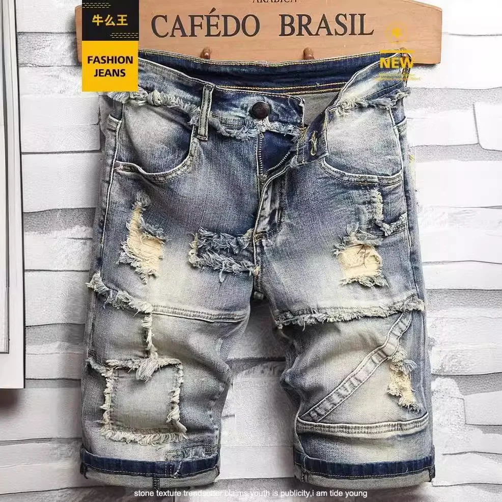 

Men's Summer American Style Denim Shorts Elastic Mid Length Ripped Distressed Five Point Slim Fit Short Pants