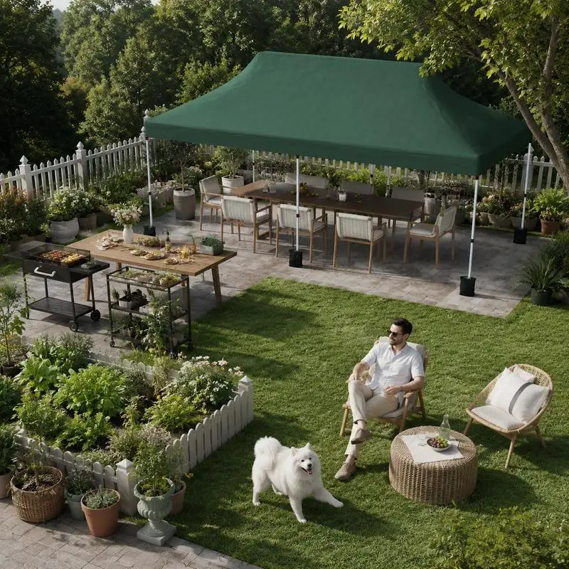 Tonnelle pliante pop-up 300x600cm pour extérieur, portable, avec sac de transport, 6 sacs de sable, protection solaire, tissu supérieur vert imperméable et résistant aux UV, protège contre la forte lumière du soleil et la pluie légère en extérieur.