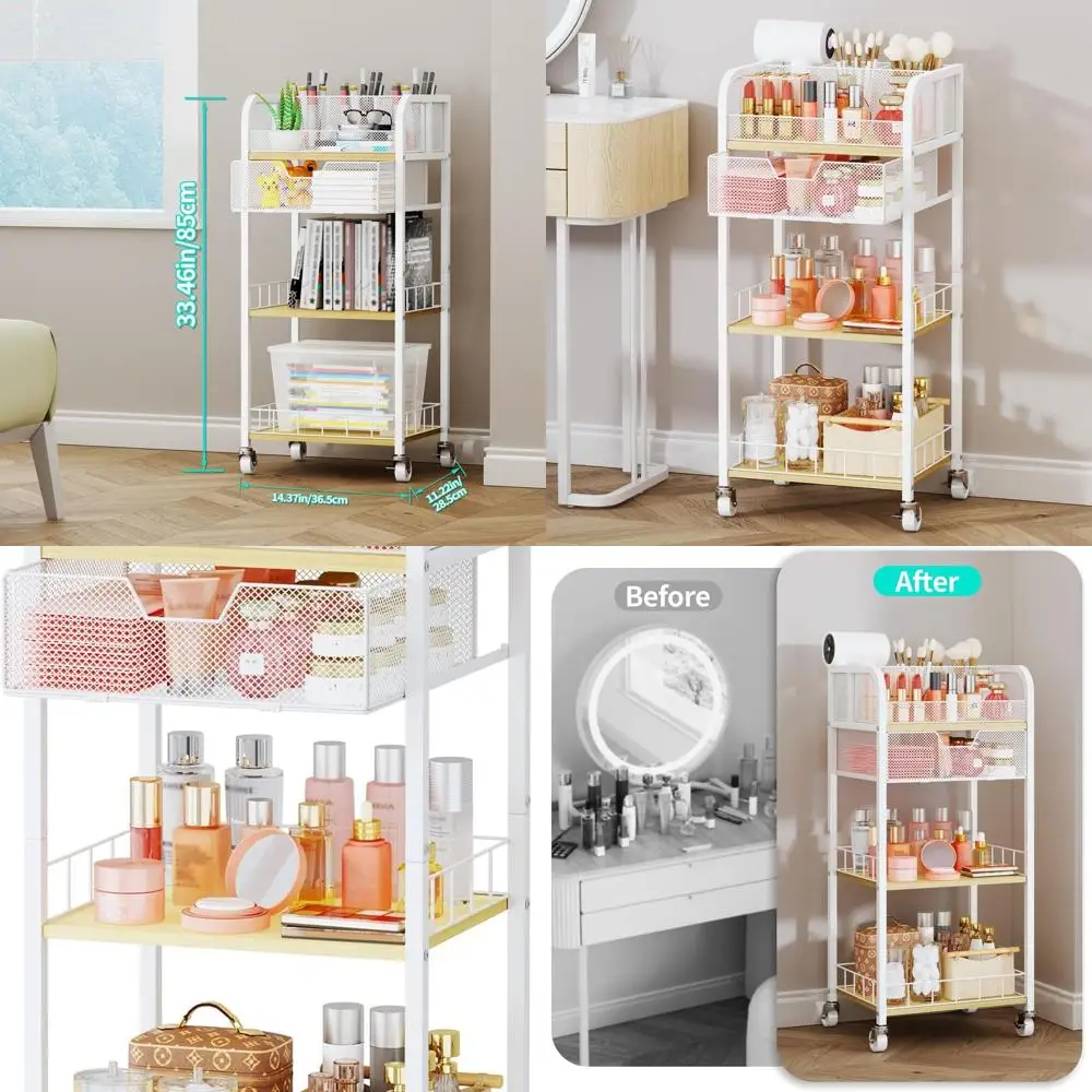 

4-Tier Rolling Makeup Cart with Drawer for Skincare, Cosmetics, and Nail Polish Storage